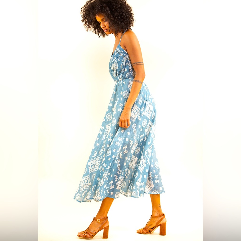 Louizon Blue and White Sleeveless Maxi Dress with Plunge Neckline size 1